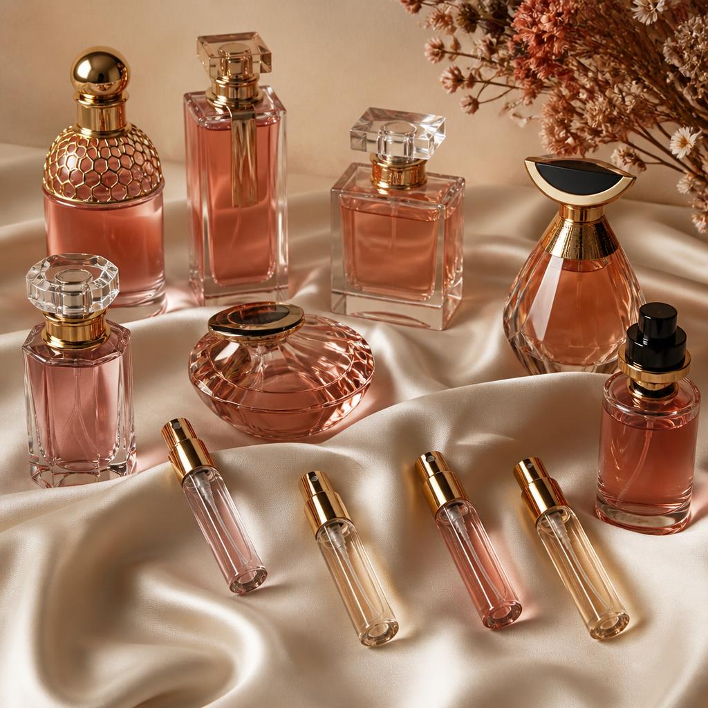 Decants de 2ml de perfumes importados originais dispostos com frascos de luxo